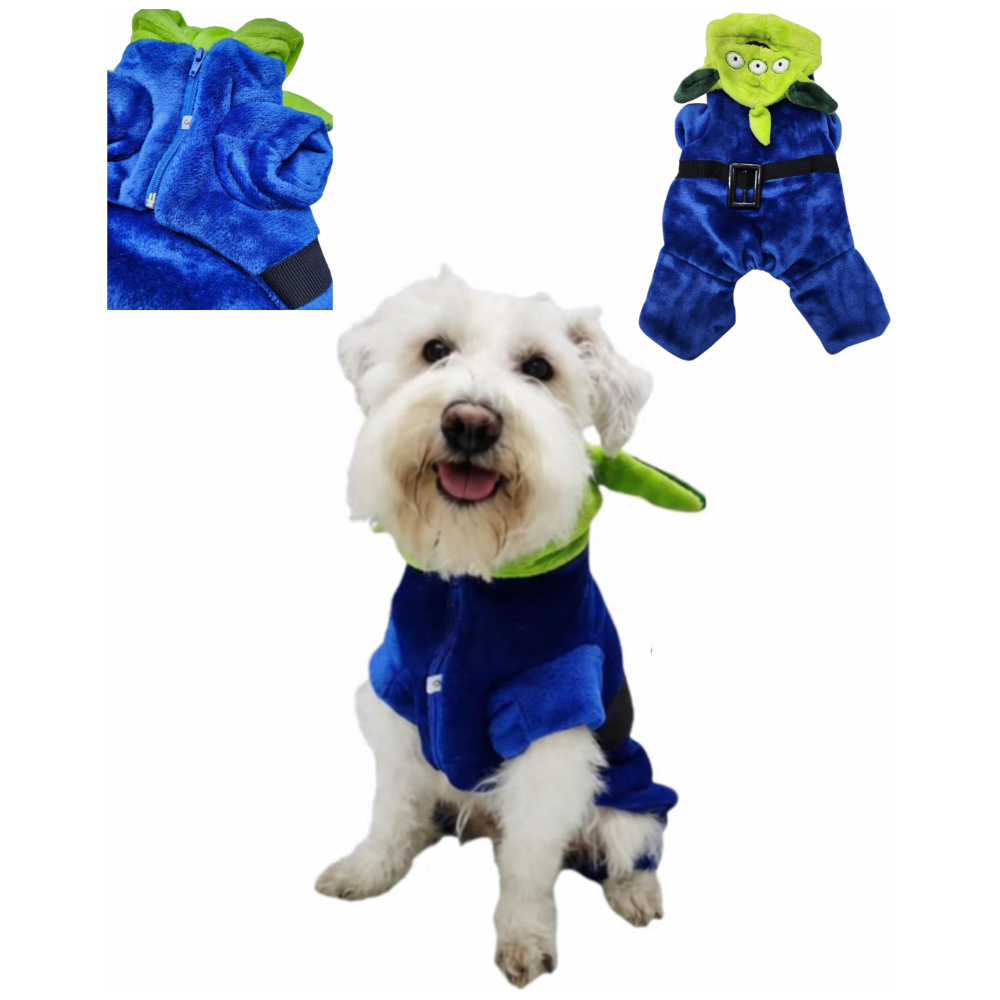 Botarga Marcianito Toy para perro: perro schnauzer con disfraz azul y capucha verde