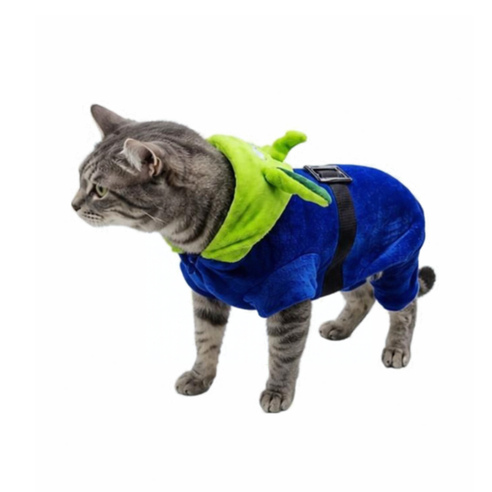 Botarga Marcianito Toy para gato: gato con disfraz azul y capucha verde