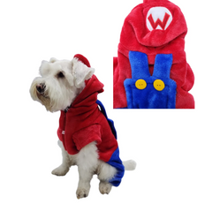 Botarga Mario Bros Pet para perro: schnauzer con disfraz rojo y overol azul
