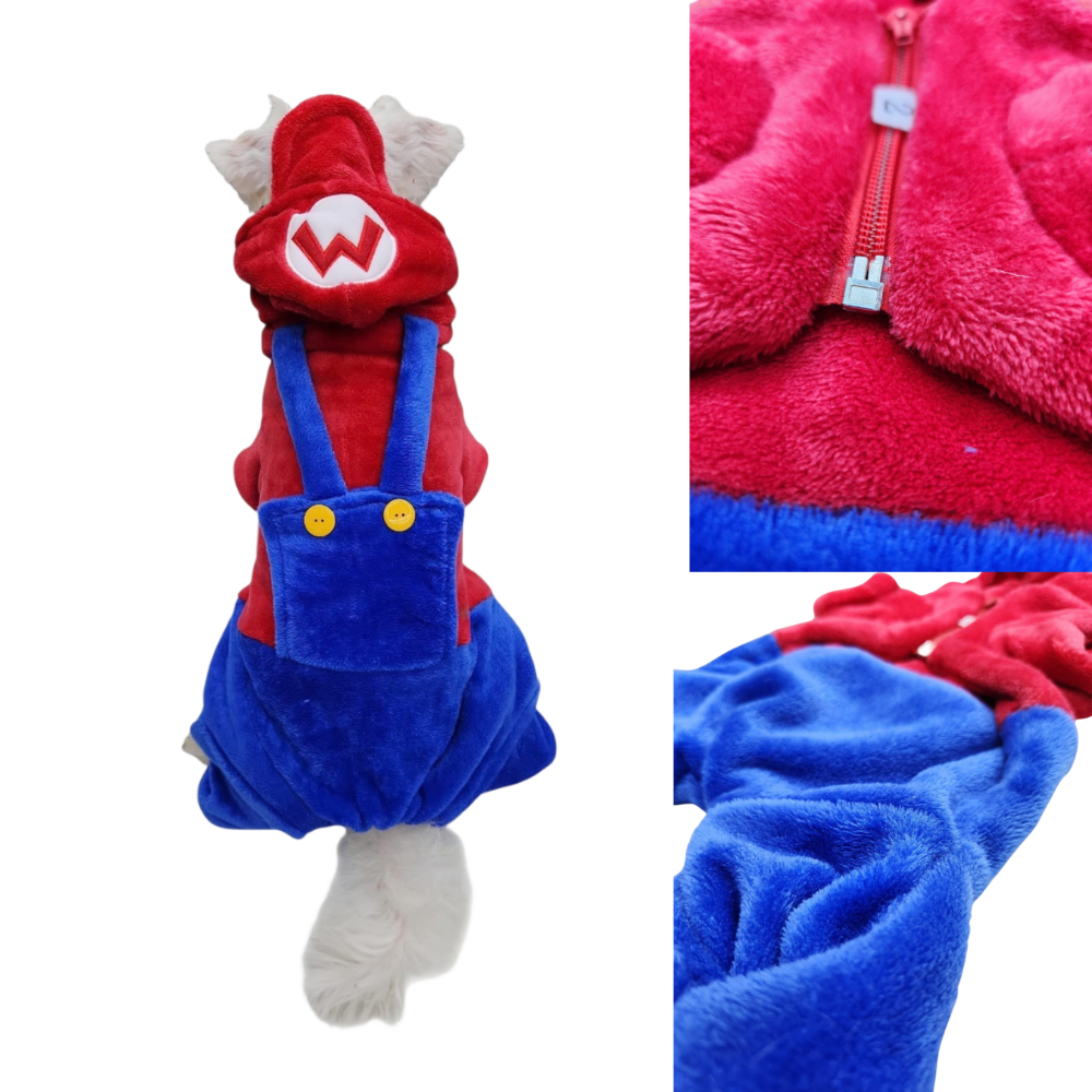 Botarga Mario Bros Pet vista trasera y detalles del cierre y tela